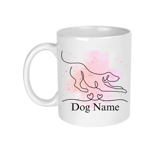 A white ceramic mug with a downward dog line art design that can be personalised with your dog's name.