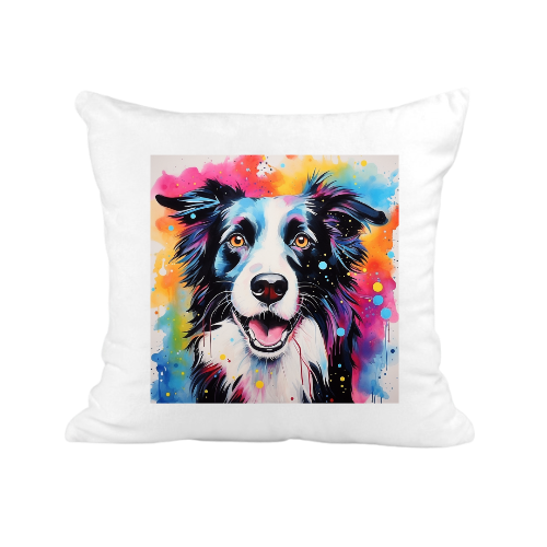 Decorative pillow with a colorful border collie design on a white background