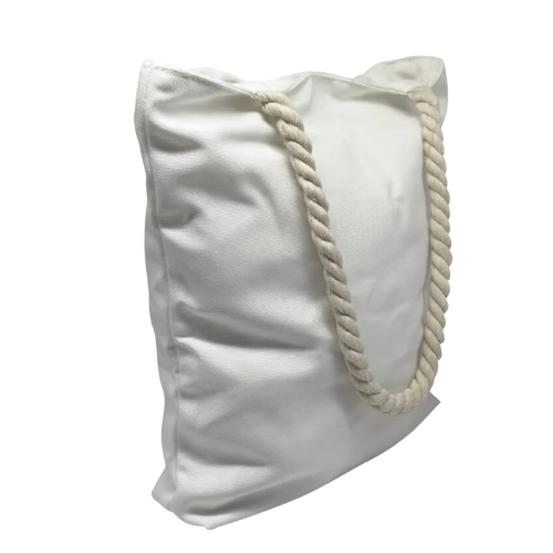 White tote bag with a rope handle on a white background