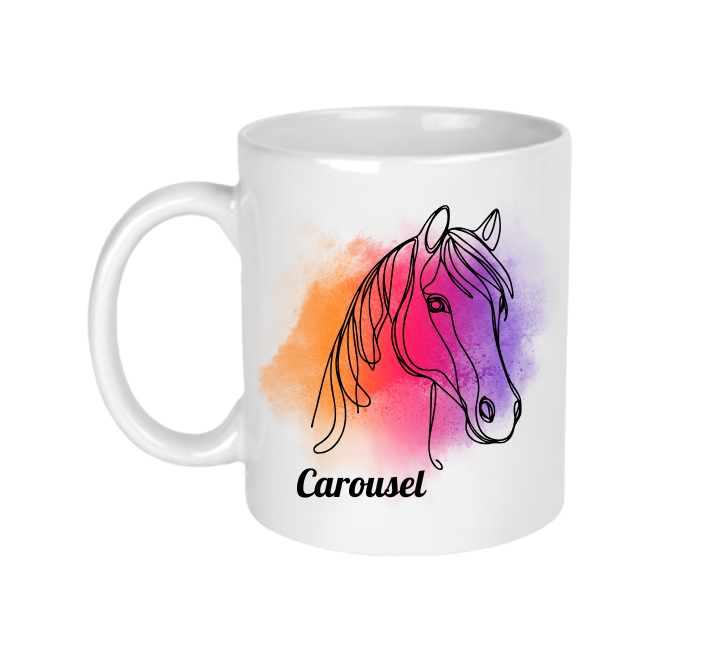 A white ceramic mug with a colourful line art horse design that can be personalised with your horse's name