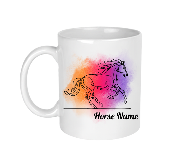 A white ceramic mug with a colourful line art horse design that can be personalised with your horse's name. 