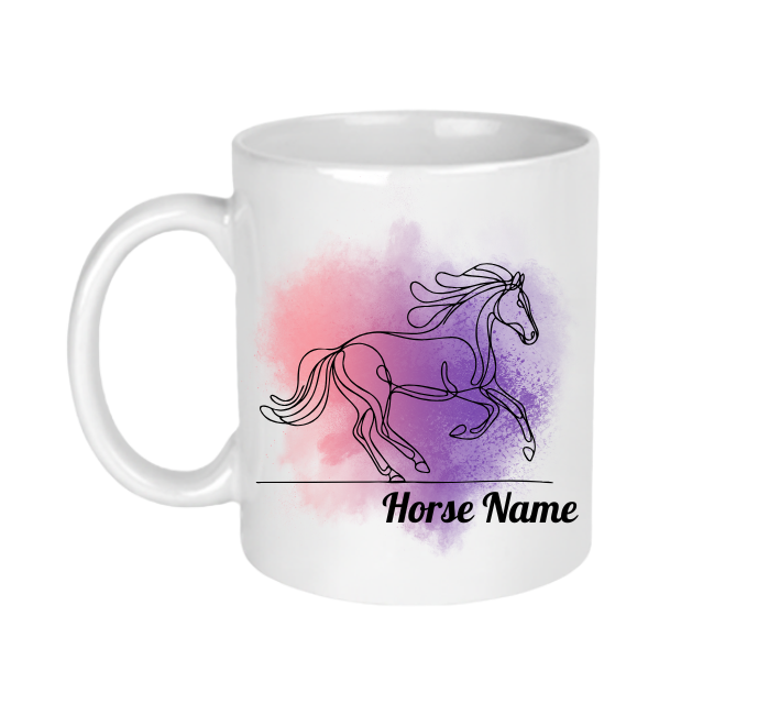 A white ceramic mug with a colourful line art horse design that can be personalised with your horse's name. 