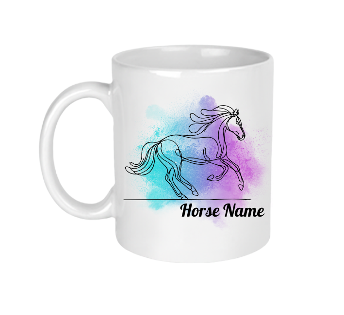 A white ceramic mug with a colorful line art horse design that can be personalised with your horse's name. 