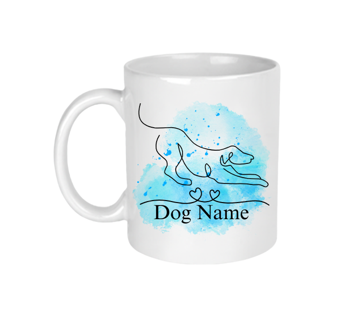 A white ceramic mug with a dog line art design that can be personalised with your dog's name.