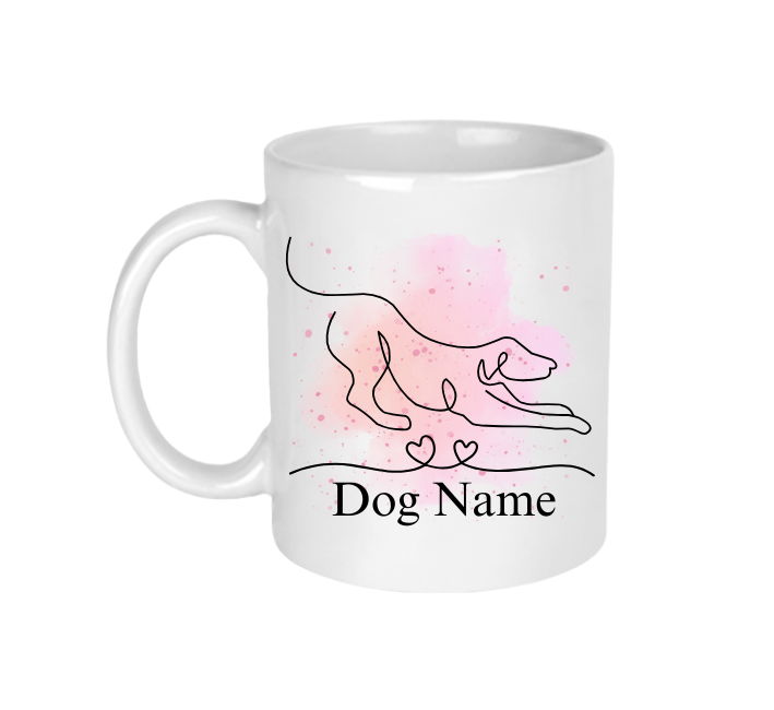A white ceramic mug with a downward dog line art design that can be personalised with your dog's name.