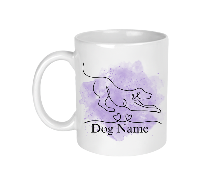A white ceramic mug with a dog line art design that can be personalised with your dog's name.