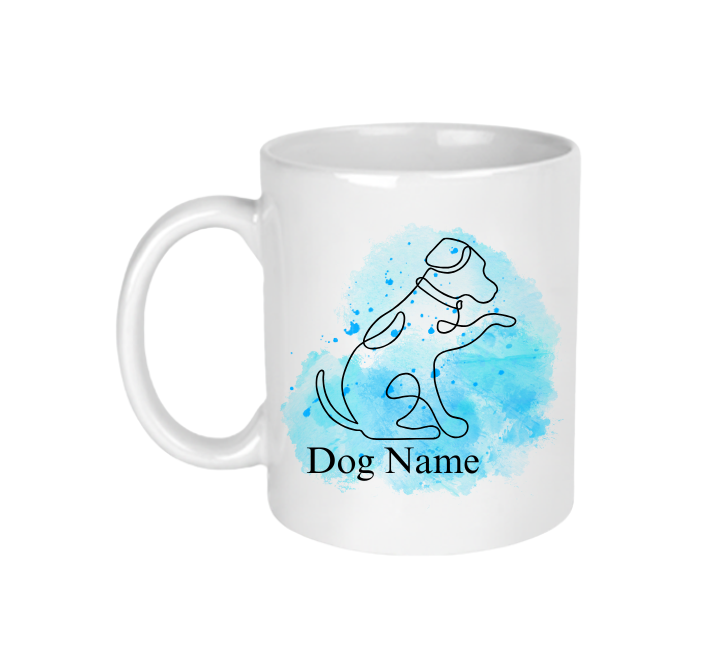 A white ceramic mug with a dog line art design that can be personalised with your dog's name.