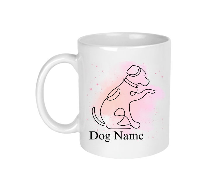 A white ceramic mug with a dog line art design that can be personalised with your dog's name.