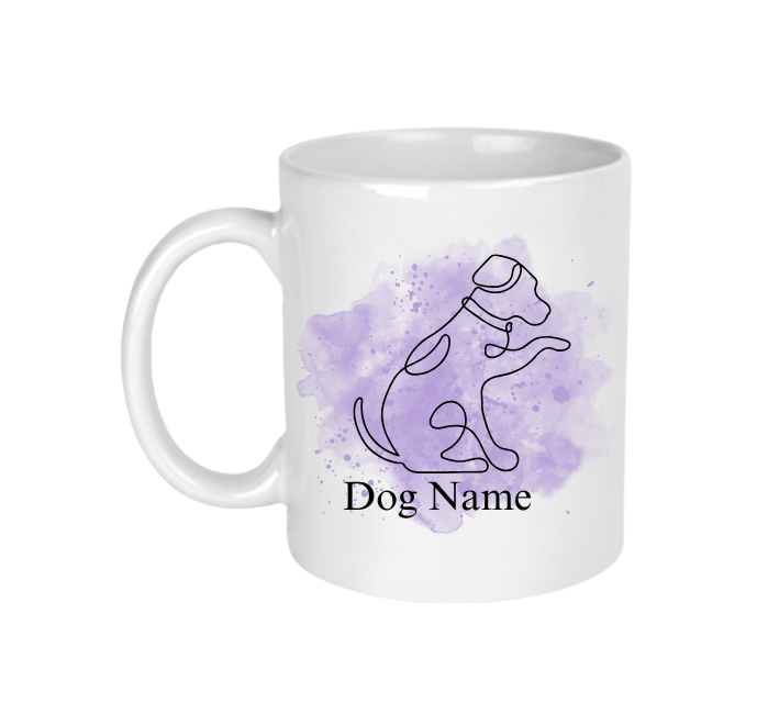 A white ceramic mug with a dog line art design that can be personalised with your dog's name.