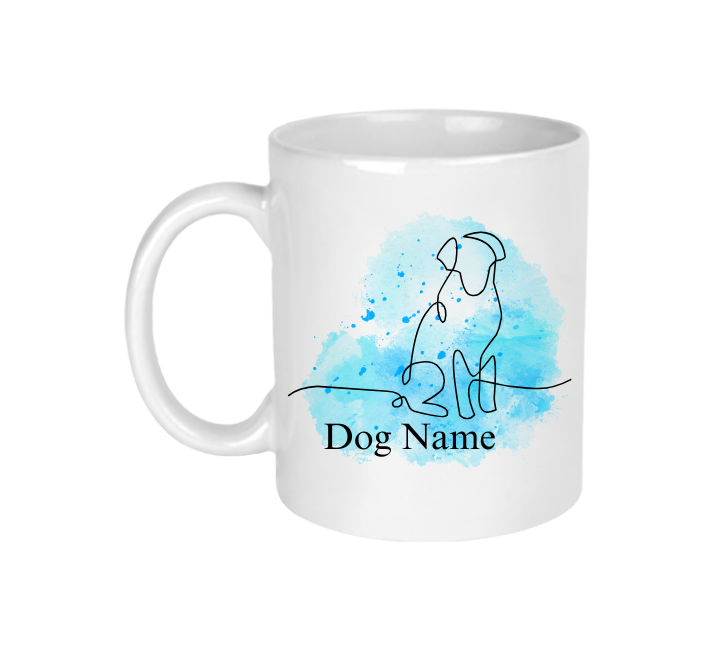 A white ceramic mug with a dog line art design that can be personalised with your dog's name.