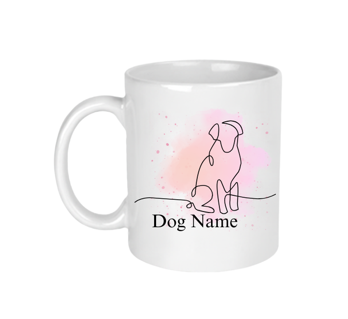 A white ceramic mug with a dog line art design that can be personalised with your dog's name.
