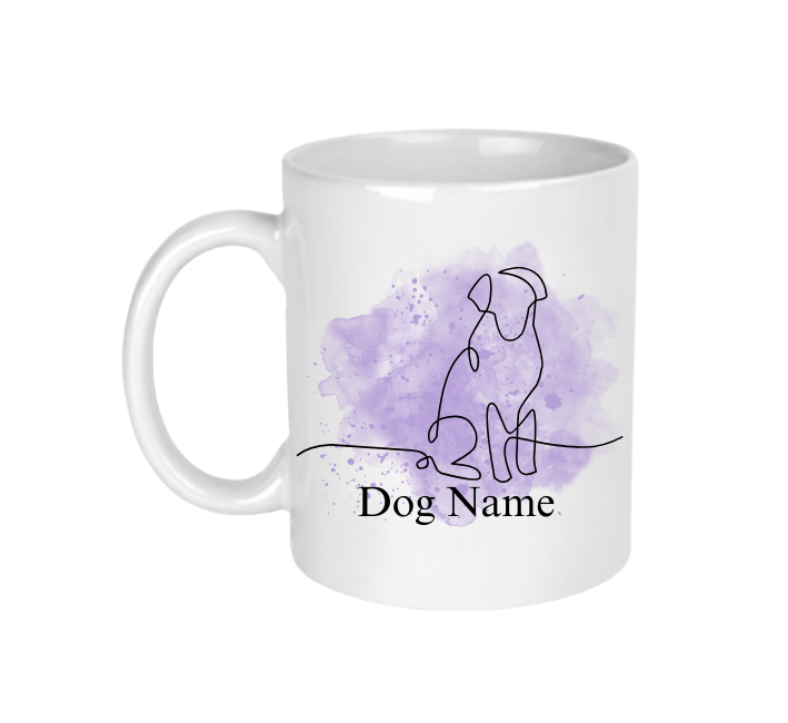 A white ceramic mug with a dog line art design that can be personalised with your dog's name.