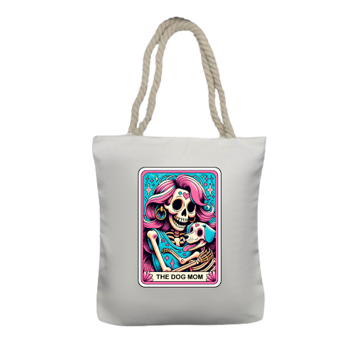A white polyester tote bag with thick twisted rope handles, featuring a colorful tarot card style design with a skull and a dog.