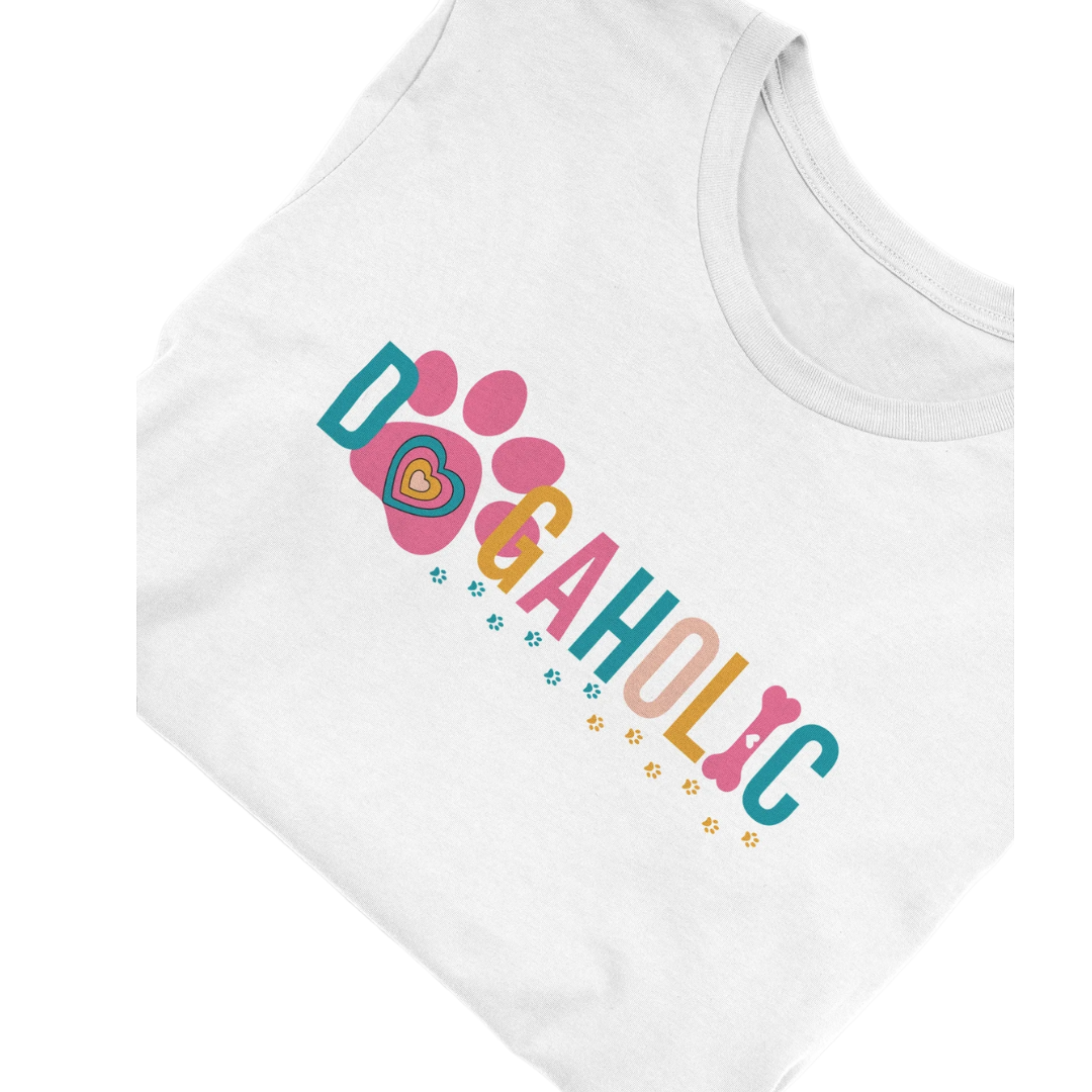 White t-shirt with the colourful word 'Dogaholic' featuring a paw and dog bone illustration.