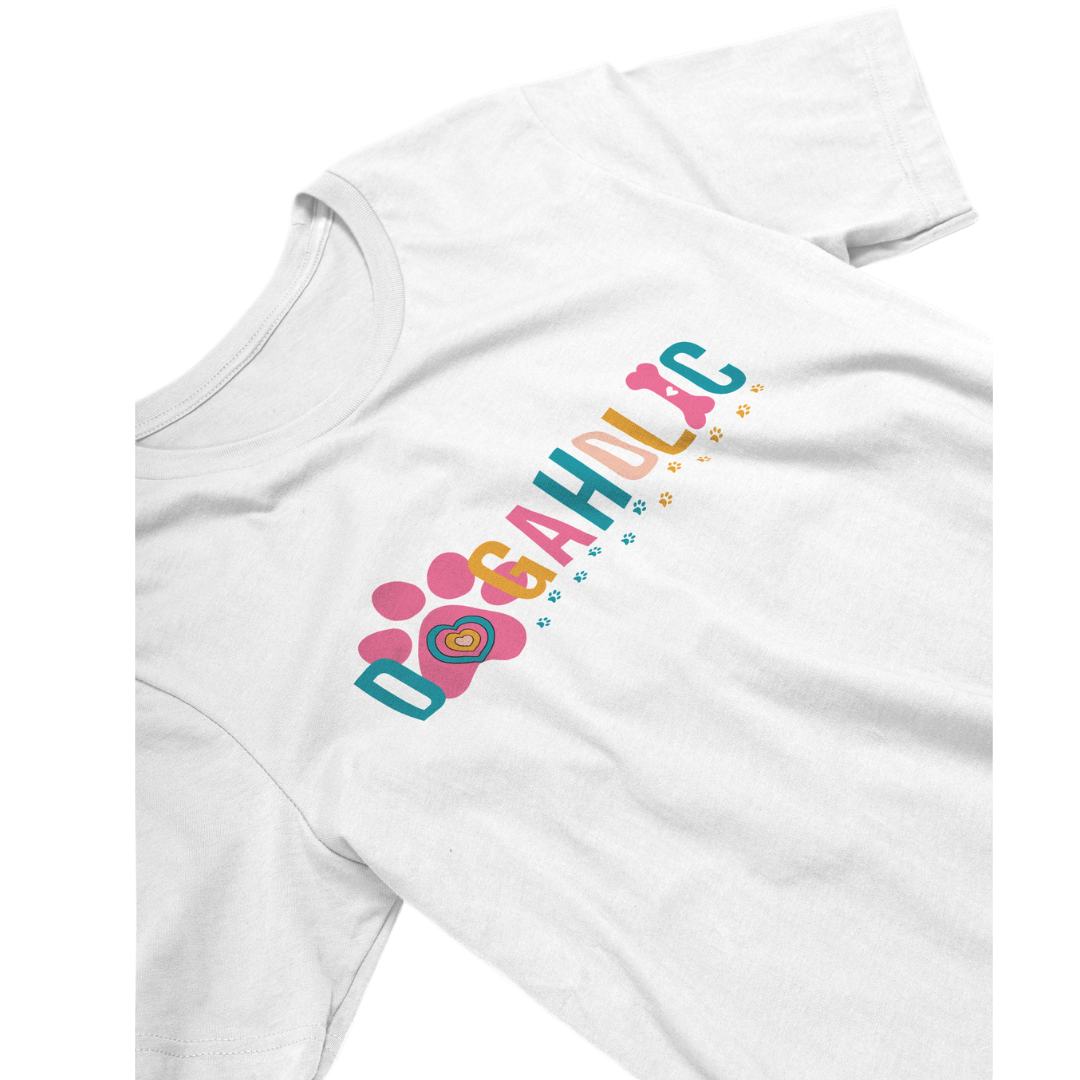 White t-shirt with the colourful word 'Dogaholic' featuring a paw and dog bone illustration.