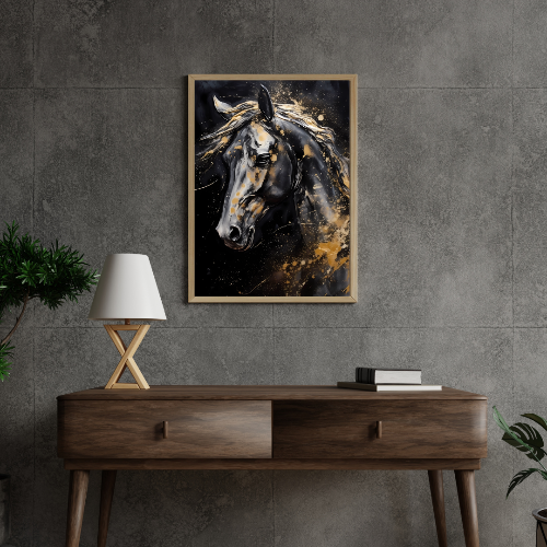 Framed painting of a horse on a gray wall above a wooden console table.