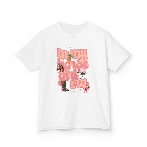 White kids t-shirt with horse-themed design and text on a white background