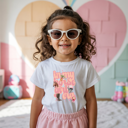 Child wearing a white t-shirt with colourful horse-related graphics and text, standing in a room with a heart-shaped wall decoration.