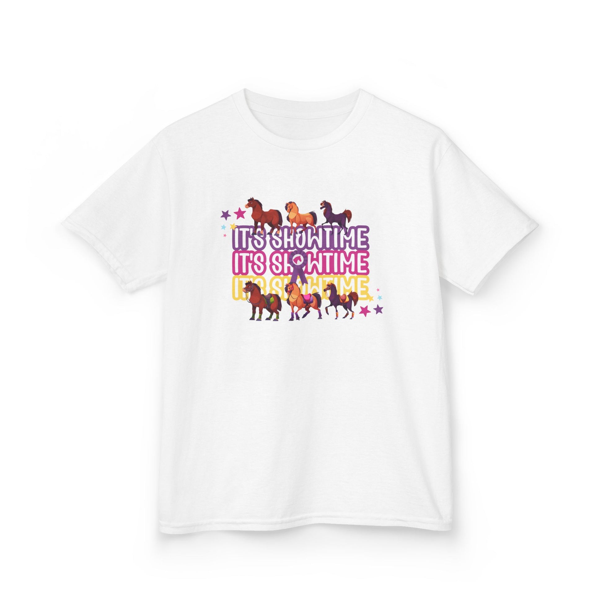 White t-shirt with colorful horse graphic and 'It's Showtime' text on a white background