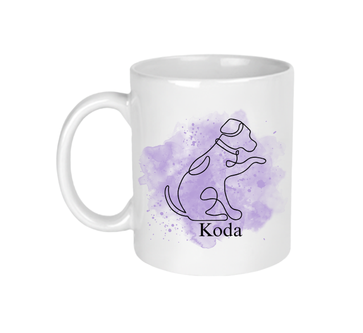 A white ceramic mug with a dog line art design that can be personalised with your dog's name.