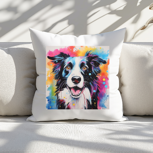 Decorative pillow with a colorful dog paint splatter design on a white couch.
