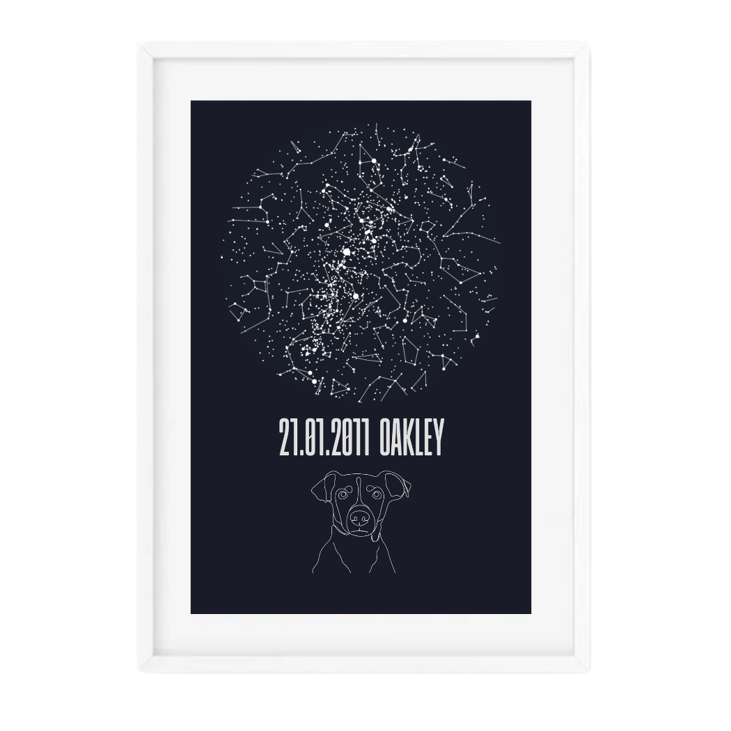 A personalised star map with constellations, featuring a dog's name and birth date, with a line art style illustration of a dog's face.