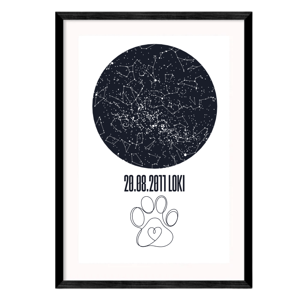 A star map with a line art design of a paw that can be personalised with your dog's name and birthday