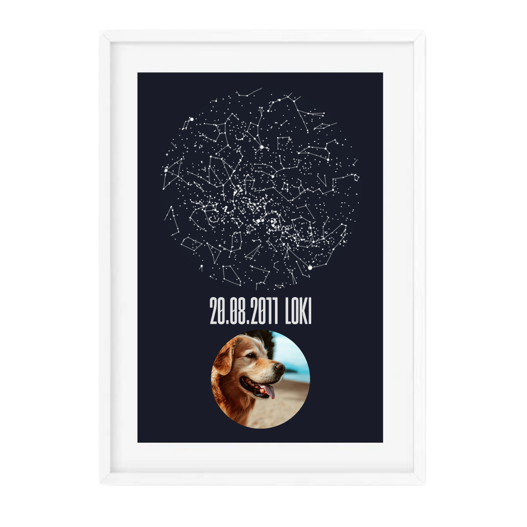 A star map with constellations that has been personalised with a dog's name, birth date and photograph. 