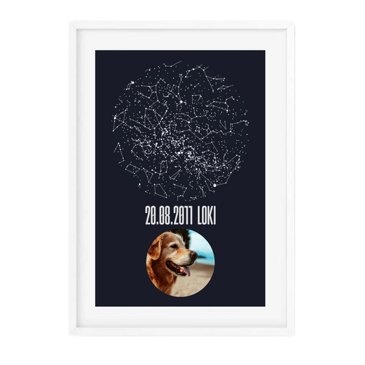 A star map with constellations that has been personalised with a dog's name, birth date and photograph. 