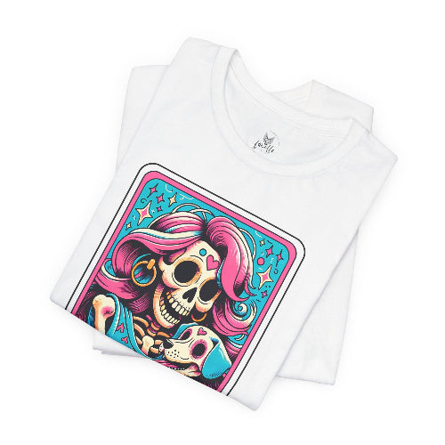 White t-shirt with a colorful skull design on a white background