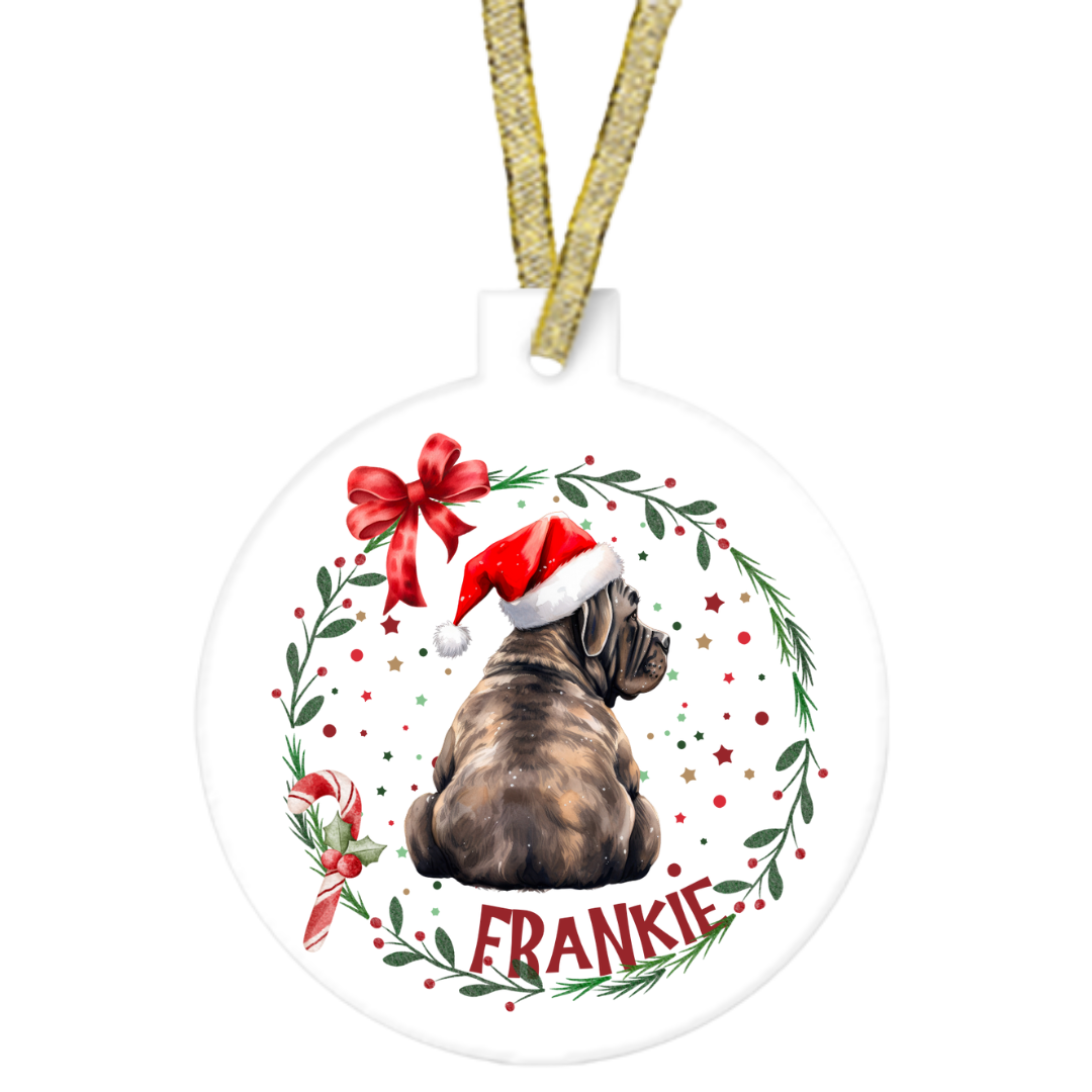 Christmas-themed ornament with a dog wearing a Santa hat and the name 'Frankie'.